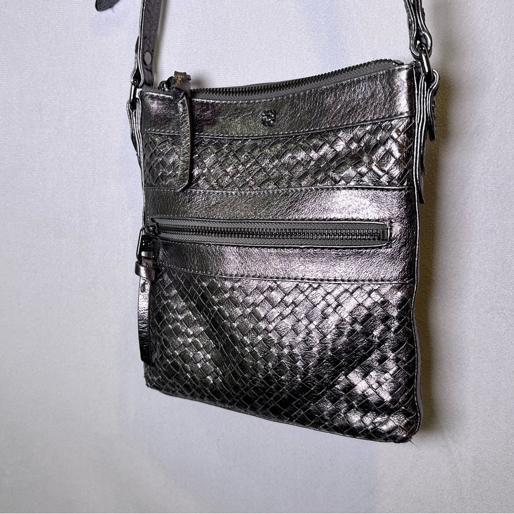 Elliott Lucca Silver Gunmetal Woven Leather Crossbody Bag.